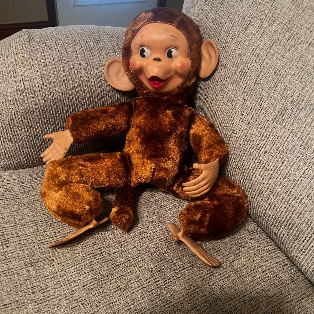 Rare, vintage stuffed plush monkey with Rubber Face, Ears Hands and Feet.
